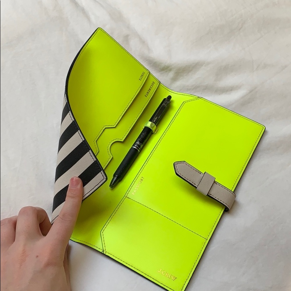 J CRew travel wallet - striped and neon green
